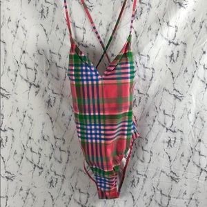 NWT J. Crew Plaid Padded Criss Cross Pink Swimsuit